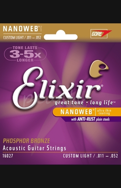 Elixir Nanoweb Acoustic guitar strings phosphor bronze 11 to 52 custom light 3 pack